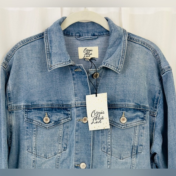 Cosmic Blue Love White Wash Button Front Denim Jacket 6 Pockets Medium NWT - Picture 2 of 10